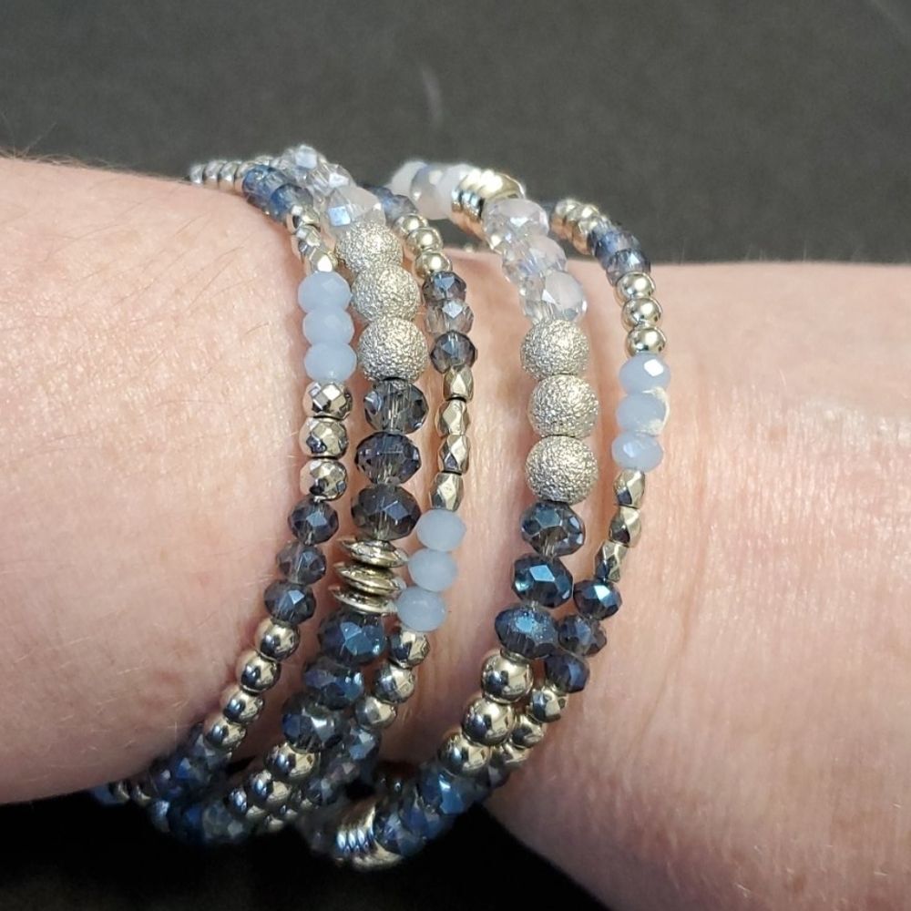 Silver tone blue glass beaded wrap bracelet